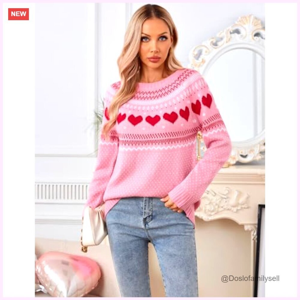 Fair Isle Heart Pattern Pullover Sweater Long Sleeve Crew Neck Loose Casual - Picture 2 of 7